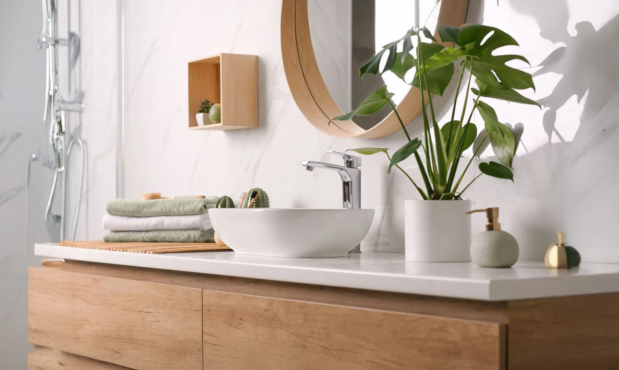 Salle de bain moderne avec meuble vasque en bois clair et plan de travail blanc